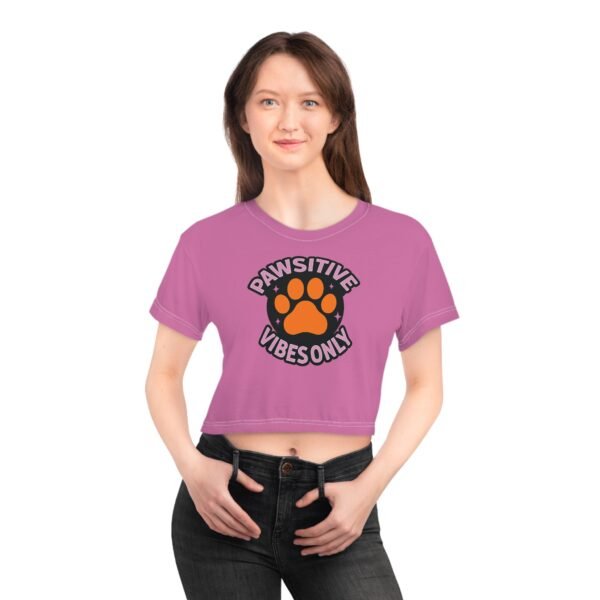 Pawsitive Vibes Circle Crop Tee On Person Front, White stitching (1) Pawsitive Vibes Circle Crop Tee