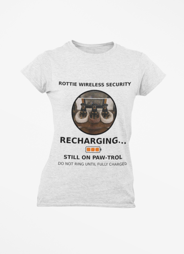 20260305045125-1f1184ef-71e9-6ca8-acec-8e3fafc33b1d.png Rottie Wireless Security Tee — “Recharging... Still on Paw-trol” Rottweiler Dog Shirt