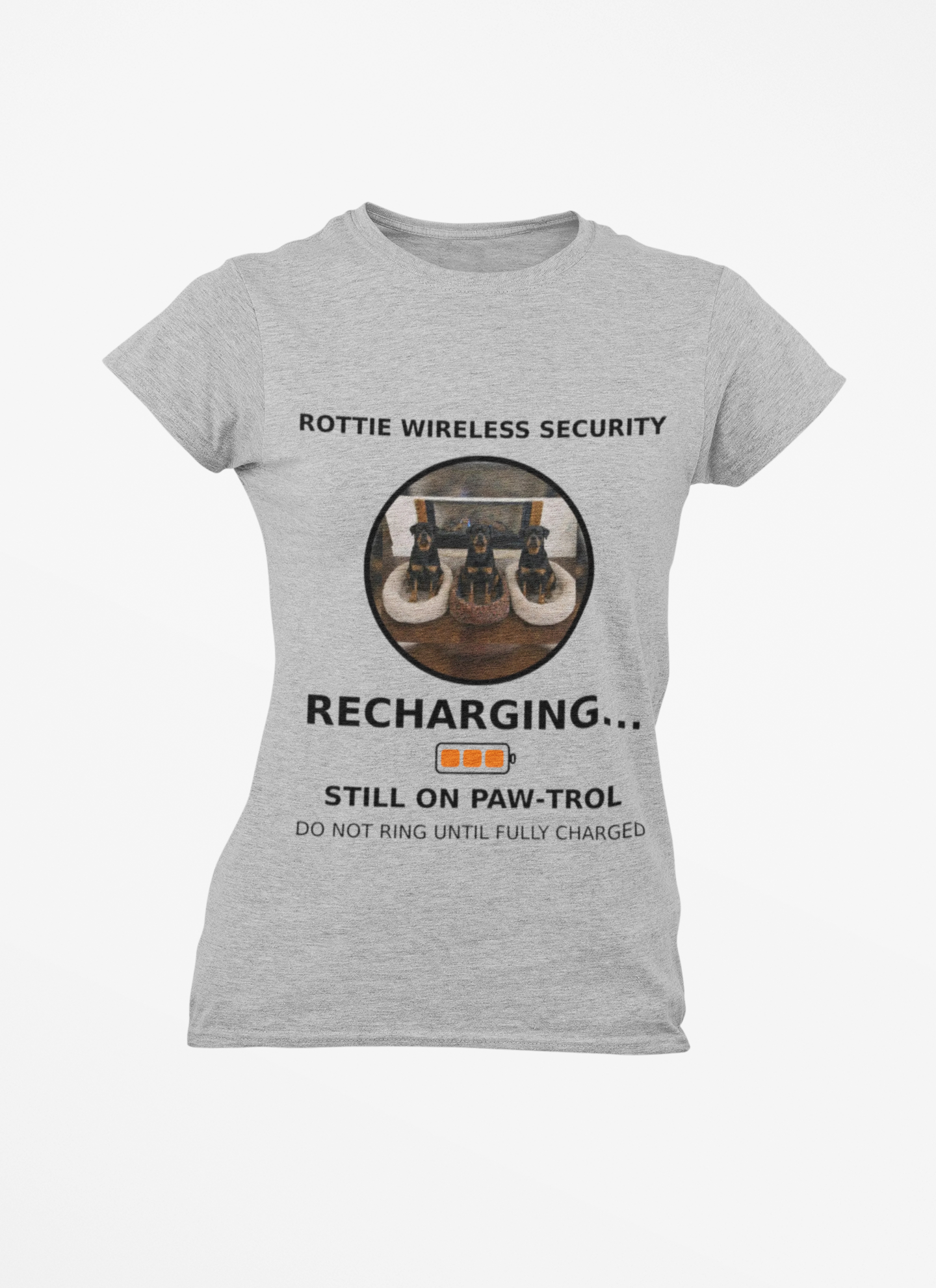 Rottie Wireless Security Tee — “Recharging… Still on Paw-trol” Rottweiler Dog Shirt