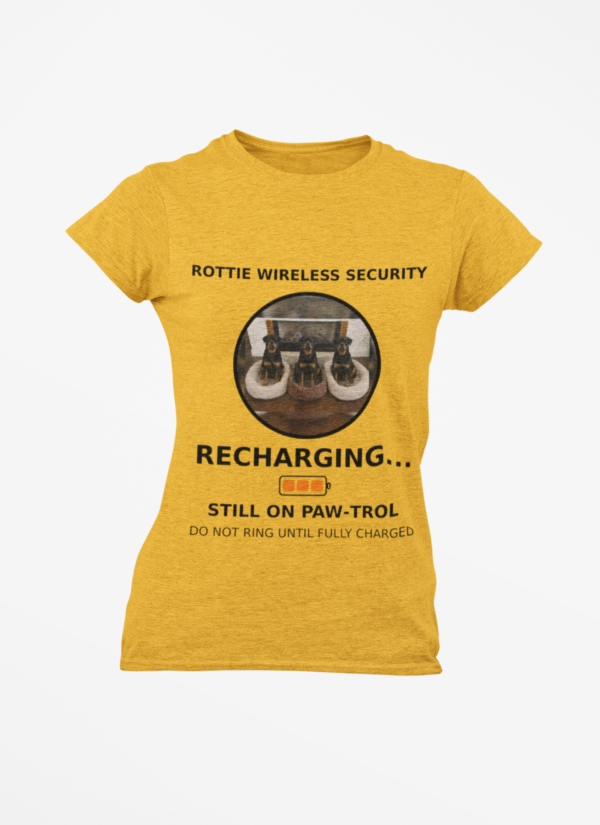 20260305045144-1f1184f0-28af-6f78-9e24-169331f49f24.png Rottie Wireless Security Tee — “Recharging... Still on Paw-trol” Rottweiler Dog Shirt