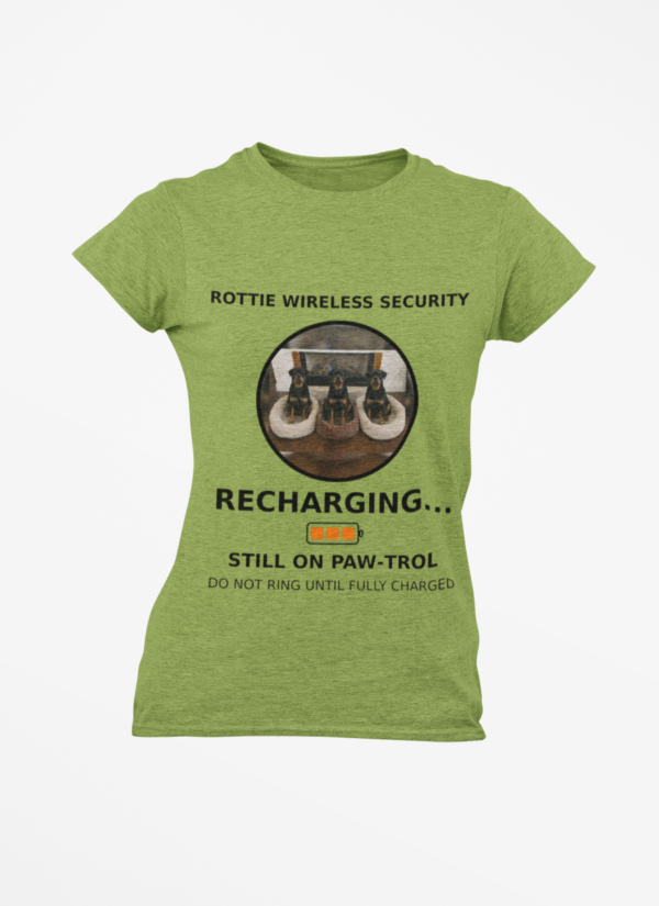 20260305045155-1f1184f0-8a1e-65ac-b1b8-1e62f732020c.png Rottie Wireless Security Tee — “Recharging... Still on Paw-trol” Rottweiler Dog Shirt