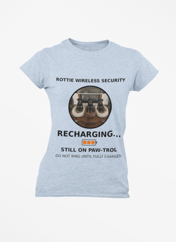 20260305045208-1f1184f1-0528-69b4-9c98-1e62f732020c.png Rottie Wireless Security Tee — “Recharging... Still on Paw-trol” Rottweiler Dog Shirt