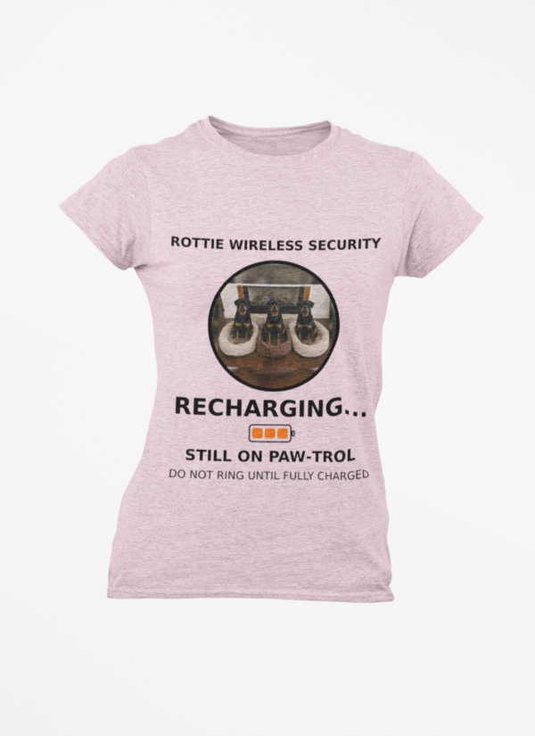 20260305045220-1f1184f1-7caf-615e-96f4-4edfe572760a.png Rottie Wireless Security Tee — “Recharging... Still on Paw-trol” Rottweiler Dog Shirt