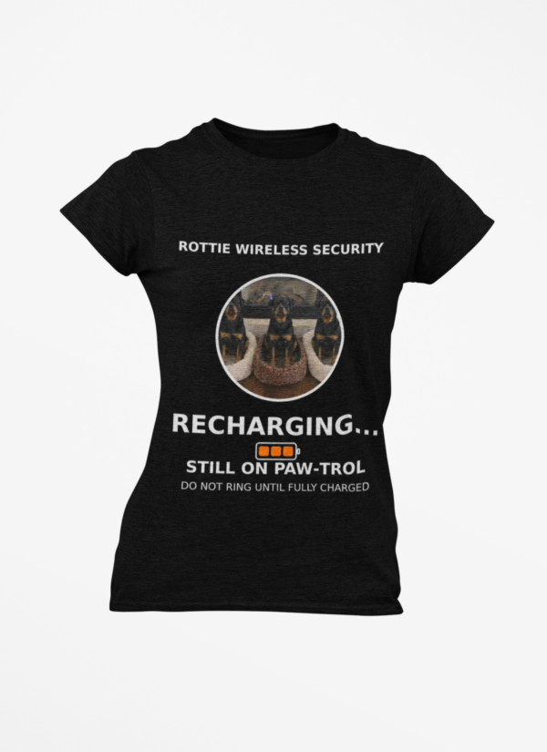 20260305045340-1f1184f4-75a4-6ff0-8f35-4abc5d0a79ae.png Rottie Wireless Security Tee — “Recharging... Still on Paw-trol” Rottweiler Dog Shirt
