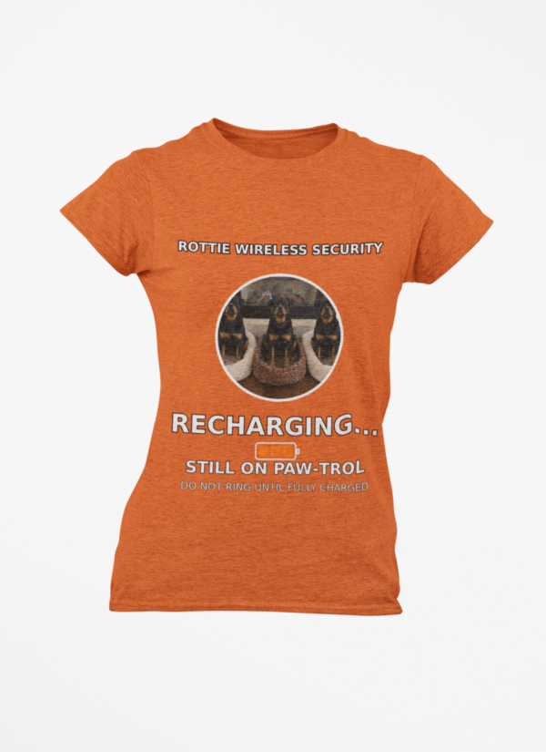 20260305045350-1f1184f4-d91a-61b6-9179-4edfe572760a.png Rottie Wireless Security Tee — “Recharging... Still on Paw-trol” Rottweiler Dog Shirt