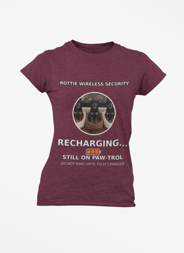 20260305045359-1f1184f5-2ebd-6870-a129-c6b826fea051.png Rottie Wireless Security Tee — “Recharging... Still on Paw-trol” Rottweiler Dog Shirt