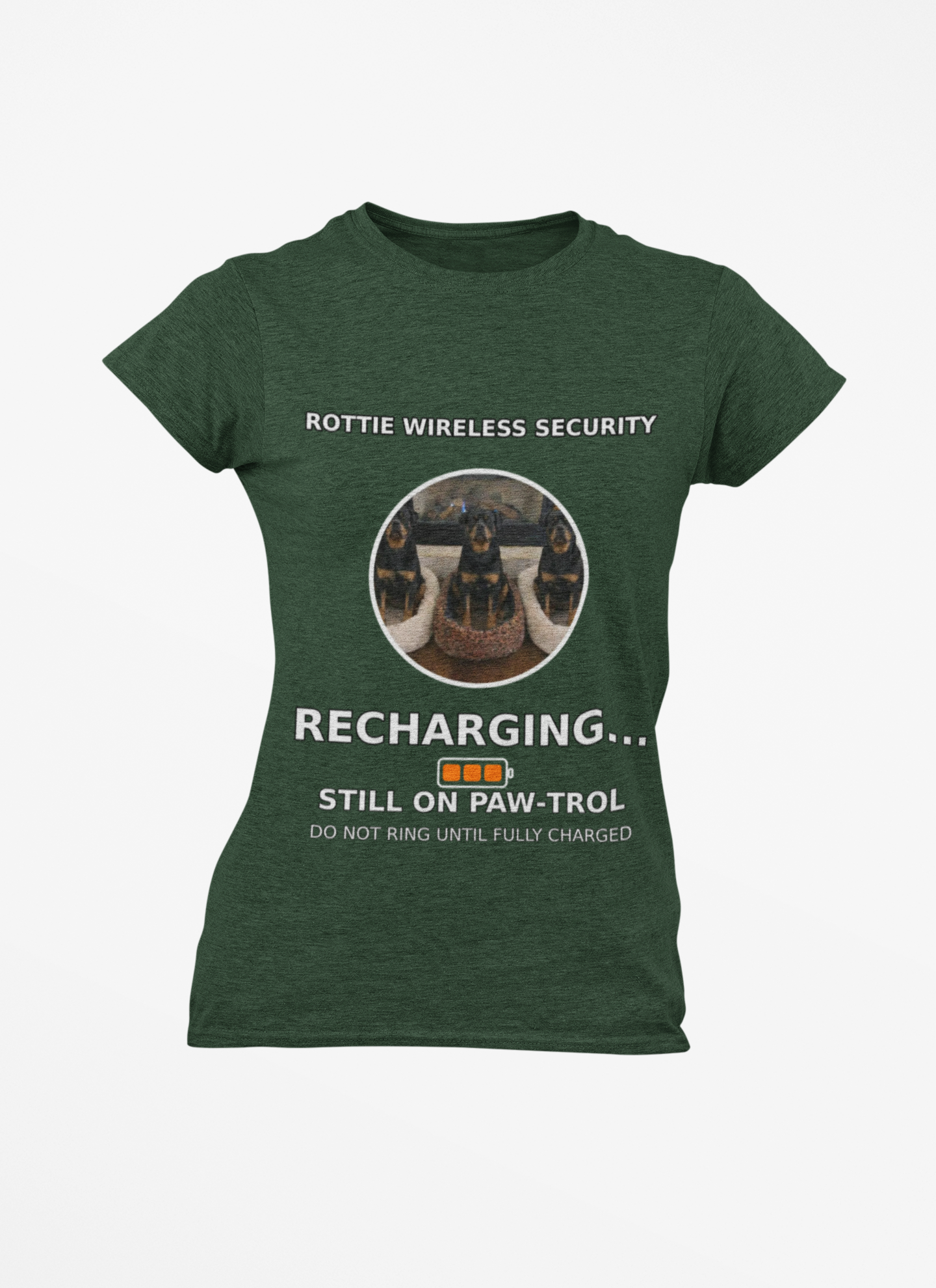 Rottie Wireless Security Tee — “Recharging… Still on Paw-trol” Rottweiler Dog Shirt