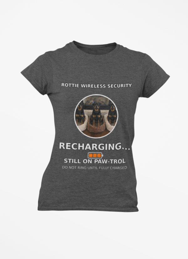 20260305045417-1f1184f5-d2f6-6ac2-b2ad-1afb92f17e1f.png Rottie Wireless Security Tee — “Recharging... Still on Paw-trol” Rottweiler Dog Shirt