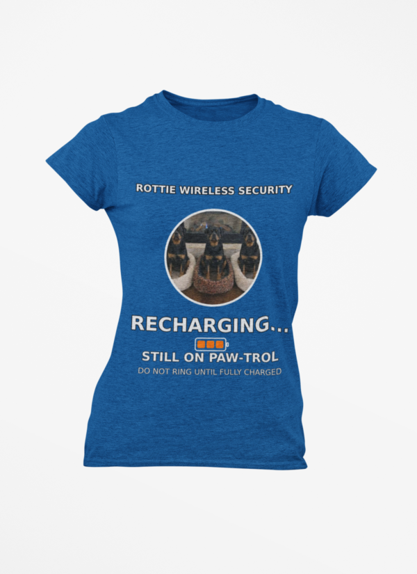 20260305045426-1f1184f6-2f35-6040-ab67-ca77ef2ec6bb.png Rottie Wireless Security Tee — “Recharging... Still on Paw-trol” Rottweiler Dog Shirt