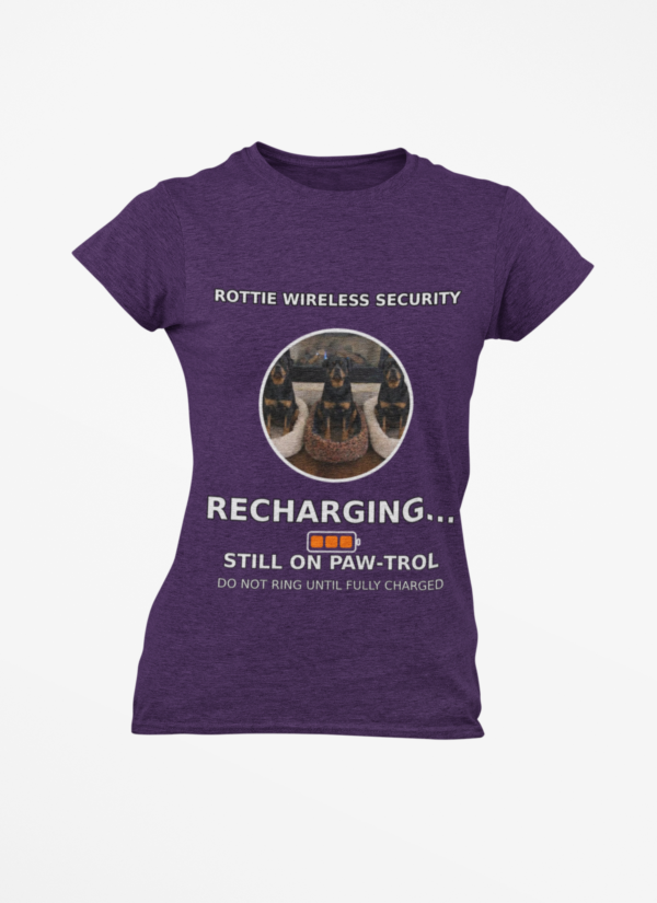 20260305045449-1f1184f7-099c-6788-b720-c6b826fea051.png Rottie Wireless Security Tee — “Recharging... Still on Paw-trol” Rottweiler Dog Shirt