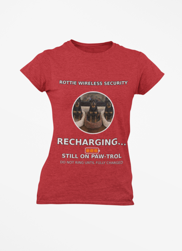 20260305045500-1f1184f7-70d3-6e92-a7dc-ca77ef2ec6bb.png Rottie Wireless Security Tee — “Recharging... Still on Paw-trol” Rottweiler Dog Shirt
