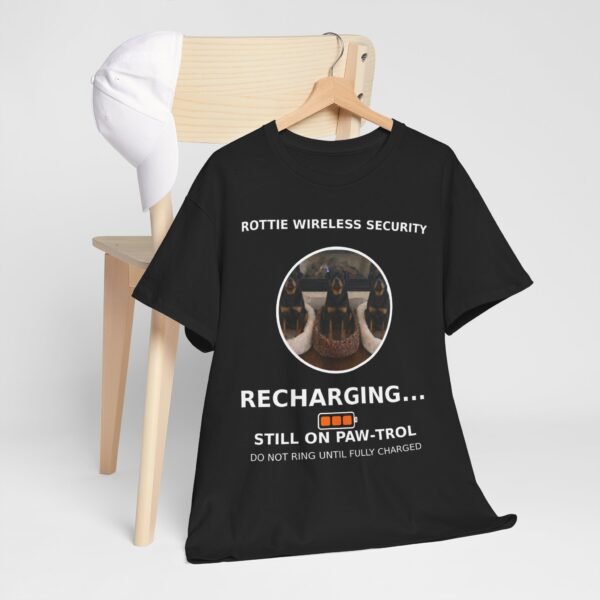 9614109860007969158_2048.jpeg Rottie Wireless Security Tee — “Recharging... Still on Paw-trol” Rottweiler Dog Shirt