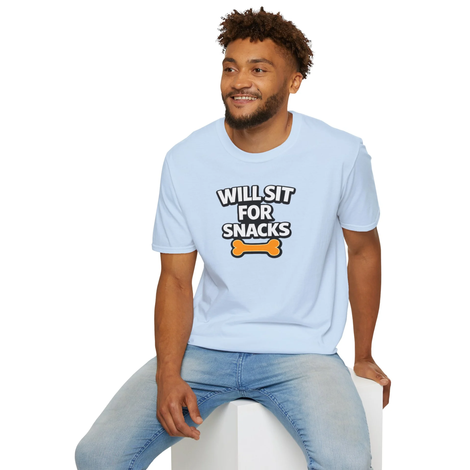 Will Sit For Snacks T-Shirt — Funny Dog Lover Tee with Bone Graphic