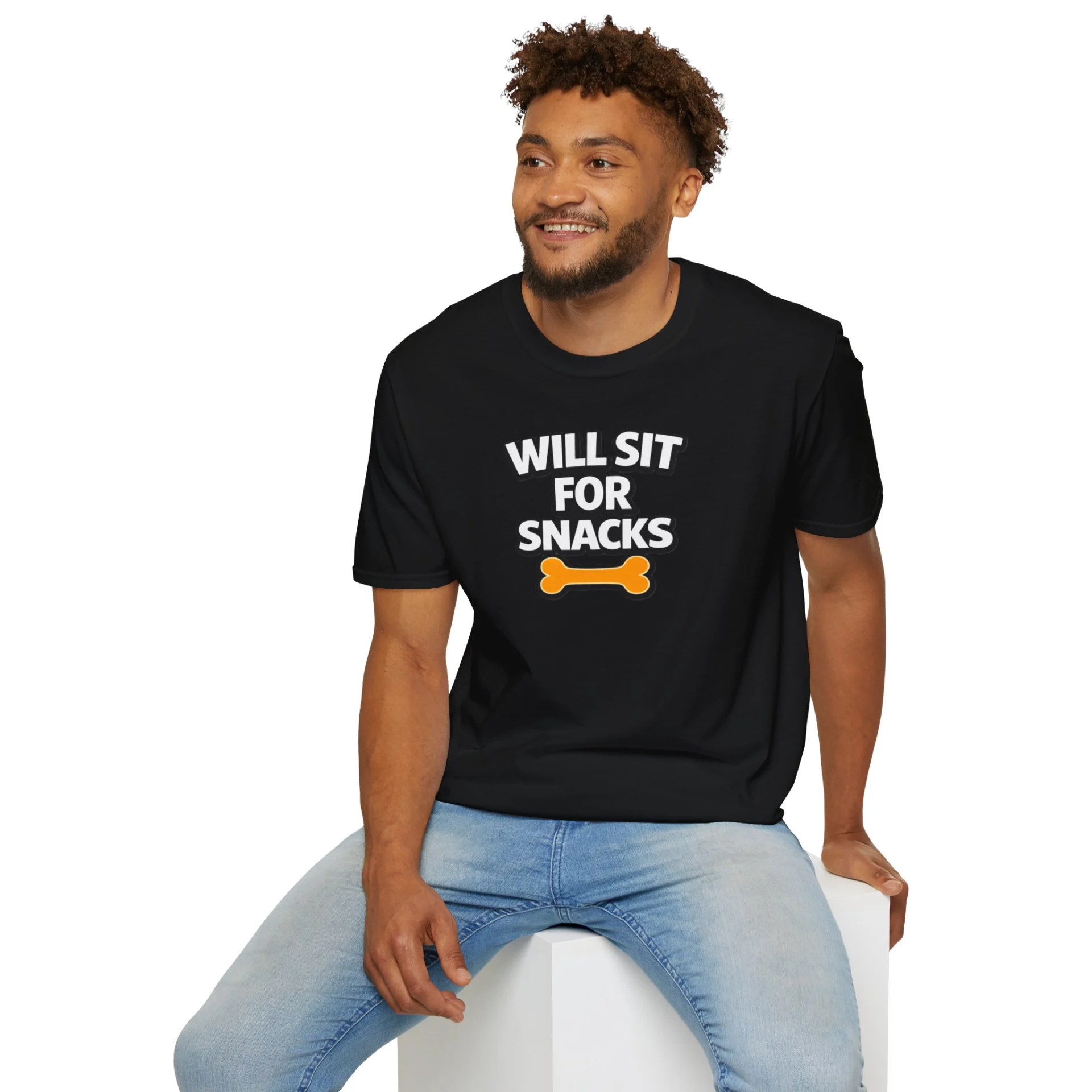 Will Sit For Snacks T-Shirt — Funny Dog Lover Tee with Bone Graphic