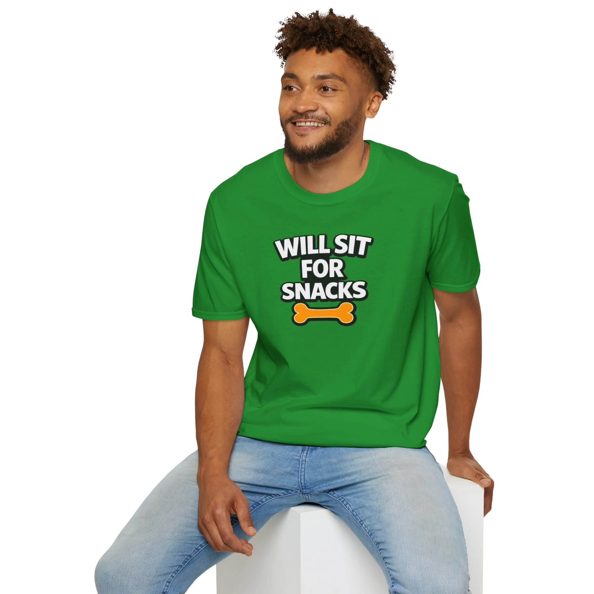 Will Sit For Snacks T-Shirt — Funny Dog Lover Tee with Bone Graphic