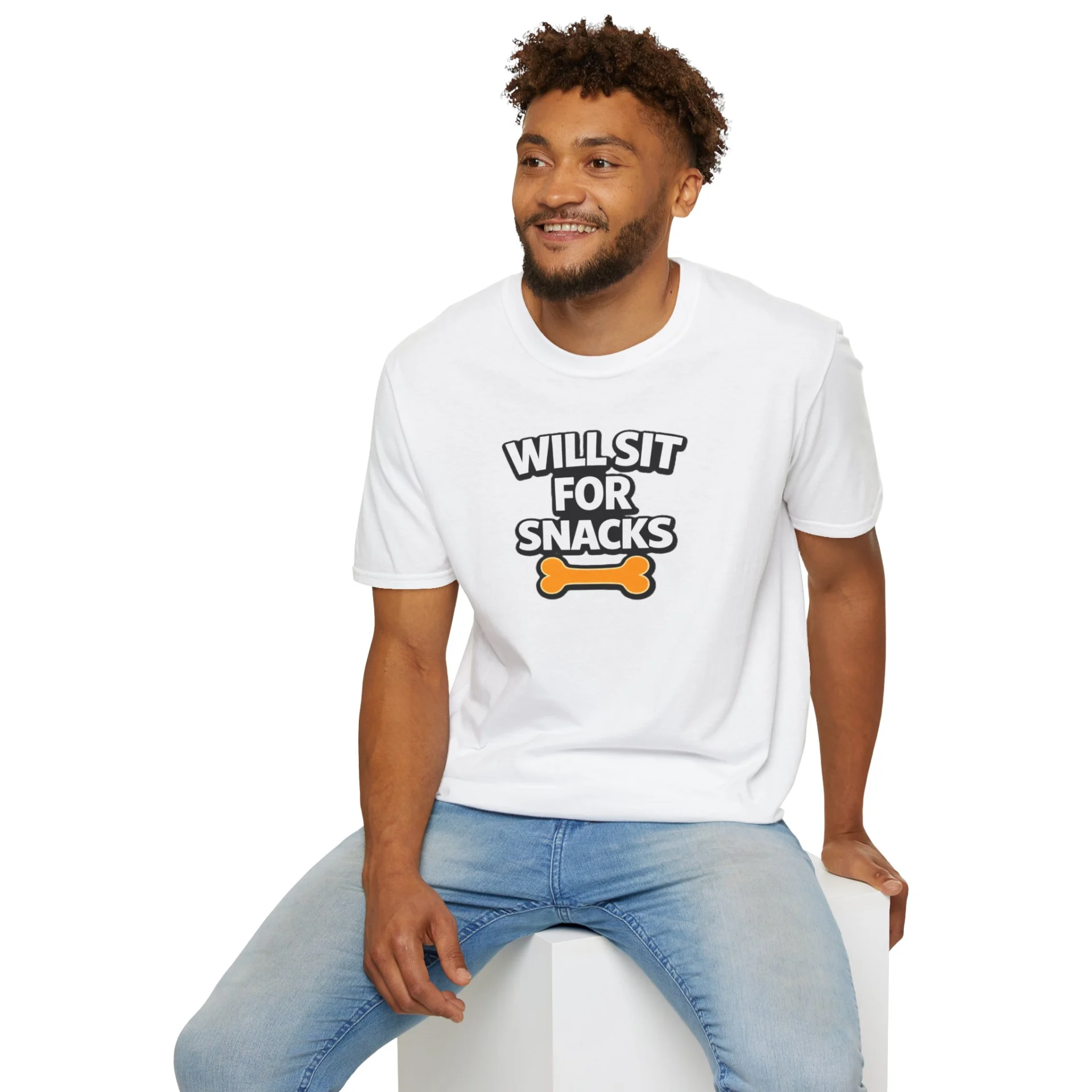 Will Sit For Snacks T-Shirt — Funny Dog Lover Tee with Bone Graphic
