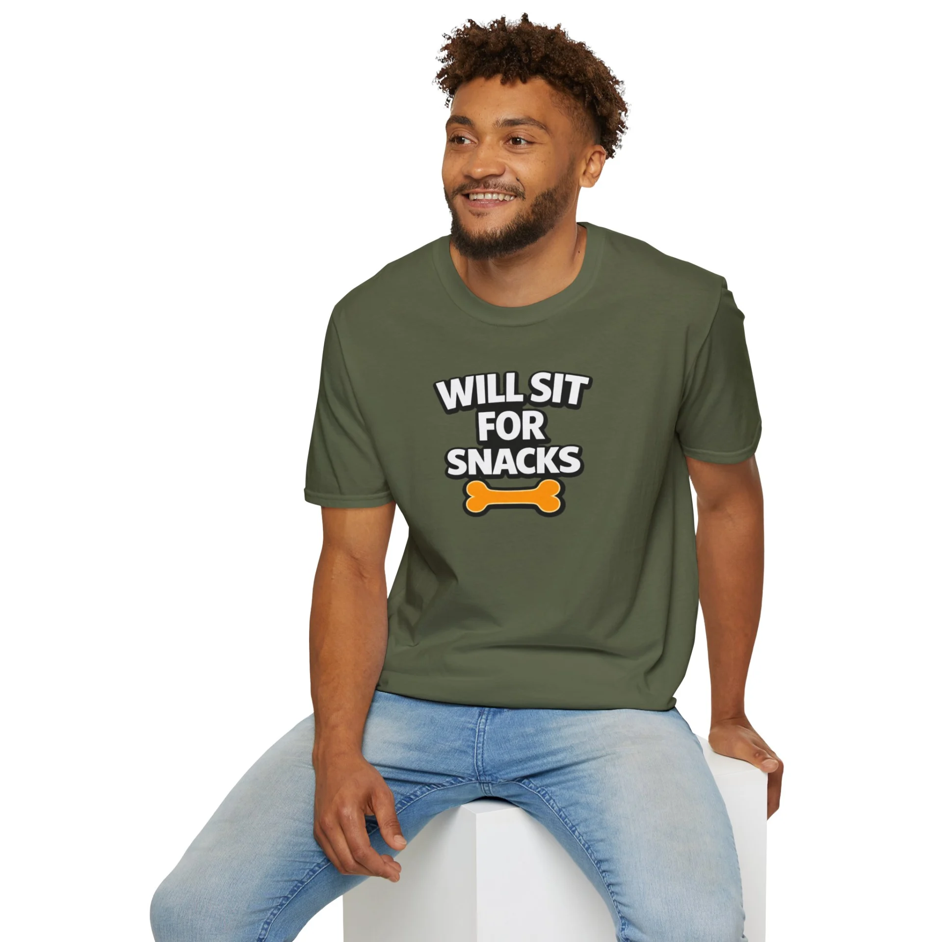 Will Sit For Snacks T-Shirt — Funny Dog Lover Tee with Bone Graphic