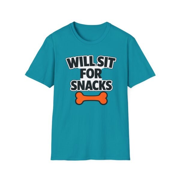 2273368313382385472_2048.jpeg Will Sit For Snacks T-Shirt — Funny Dog Lover Tee with Bone Graphic
