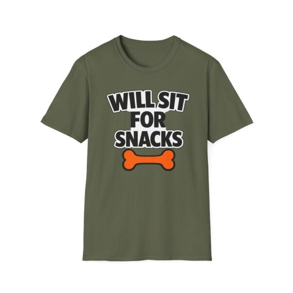 7539326672069442404_2048.jpeg Will Sit For Snacks T-Shirt — Funny Dog Lover Tee with Bone Graphic